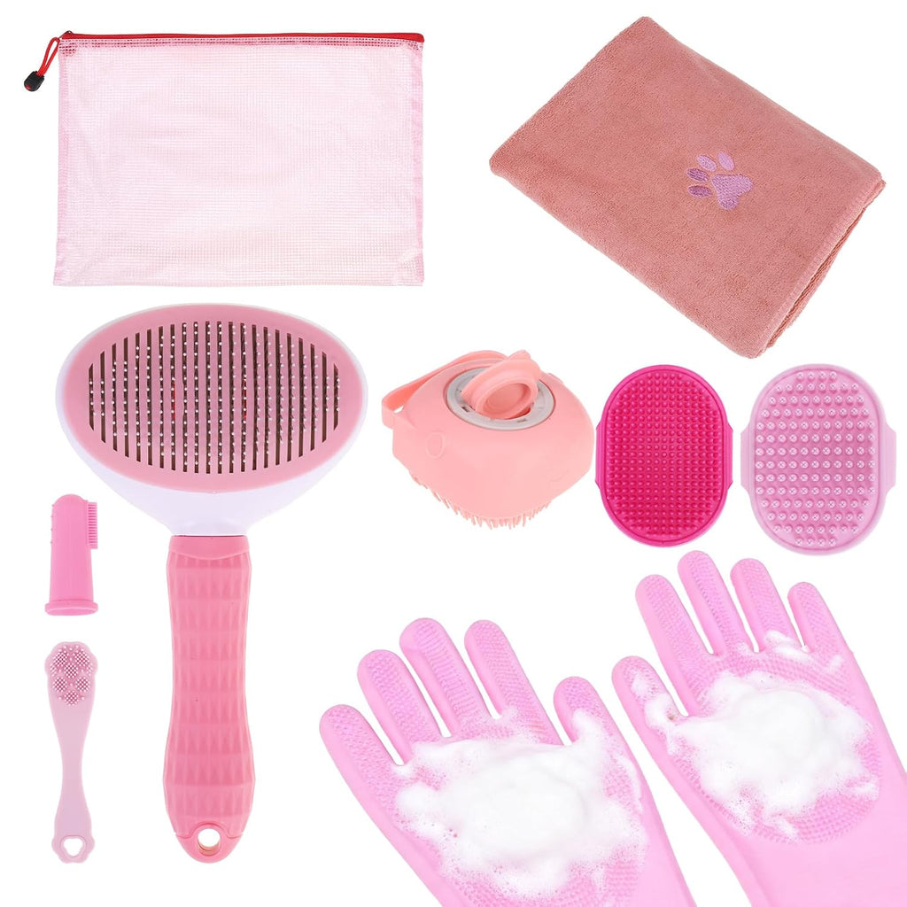 PAWCHIE Bath Grooming Kit for Pets, 9 PCS Hair Brush Set with Towel,Washing Gloves,Bath Brush and Adjustable Handle Shampoo Brush & Scrubber for Short Long Haired Dogs and Cats,Dog Bath Supplies, Pink