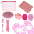 PAWCHIE Bath Grooming Kit for Pets, 9 PCS Hair Brush Set with Towel,Washing Gloves,Bath Brush and Adjustable Handle Shampoo Brush & Scrubber for Short Long Haired Dogs and Cats,Dog Bath Supplies, Pink