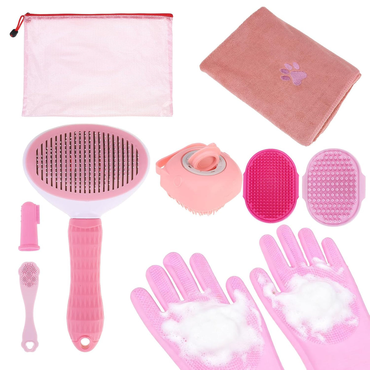PAWCHIE Bath Grooming Kit for Pets, 9 PCS Hair Brush Set with Towel,Washing Gloves,Bath Brush and Adjustable Handle Shampoo Brush & Scrubber for Short Long Haired Dogs and Cats,Dog Bath Supplies, Pink