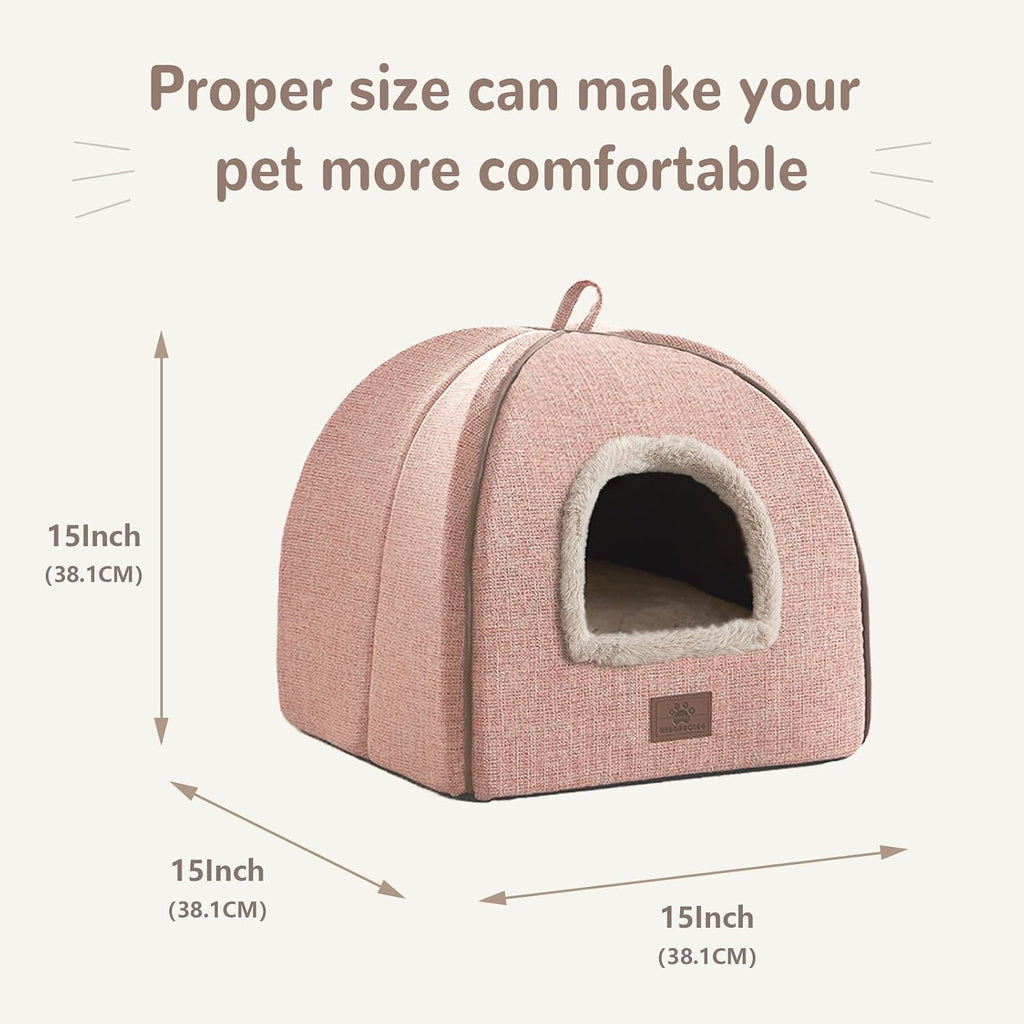 Cat Beds for Indoor Cats, 2-in-1 Cat Bed Cave with Anti-Slip Bottom, Cozy Cats House Tent Suitable for All Seasons, for Small & Medium-Sized Pets Pink(M:15X15X15Inch)