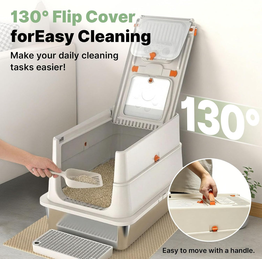Stainless Steel Litter Box with Flip Lid, XL Extra Large Cat Litter Box with High Sided Top Entry Design, Anti-Leakage Enclosed Metal Litterbox for Big Cats, with Handle, Mat, Pedal & Scoop, Beige