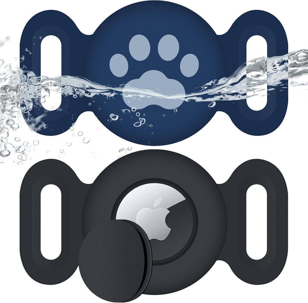 Waterproof Collar Holder Compatible with Airtag (2 Pack), Protective Anti-Lost Case for GPS Tracker, Silicone Collar Holder for Pets (Black/Midnight Blue)