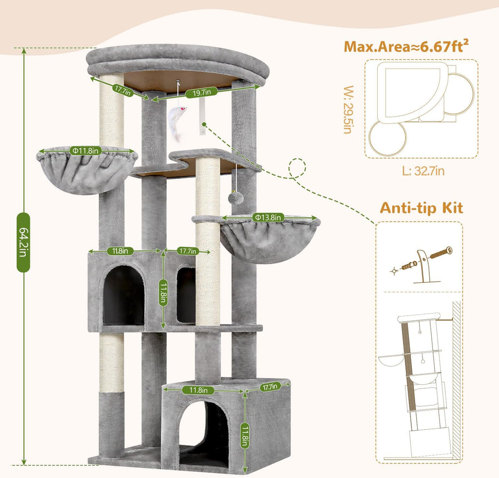 Globlazer C64 Heavy Duty Corner Cat Tree, 64in Large Cat Tower, Light Grey