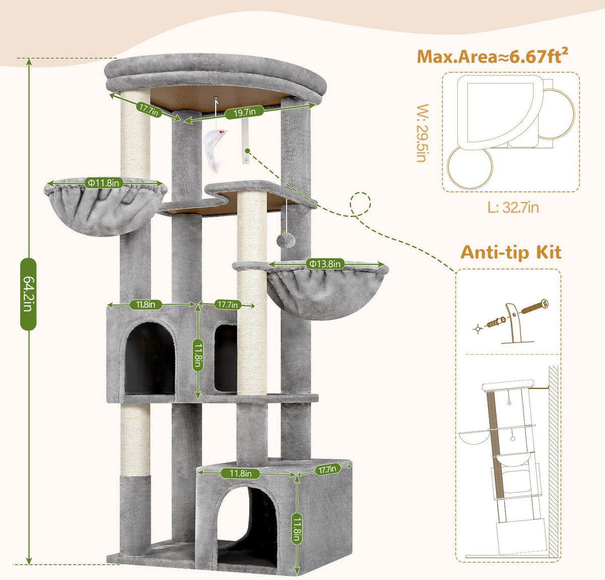 Globlazer C64 Heavy Duty Corner Cat Tree, 64in Large Cat Tower, Light Grey