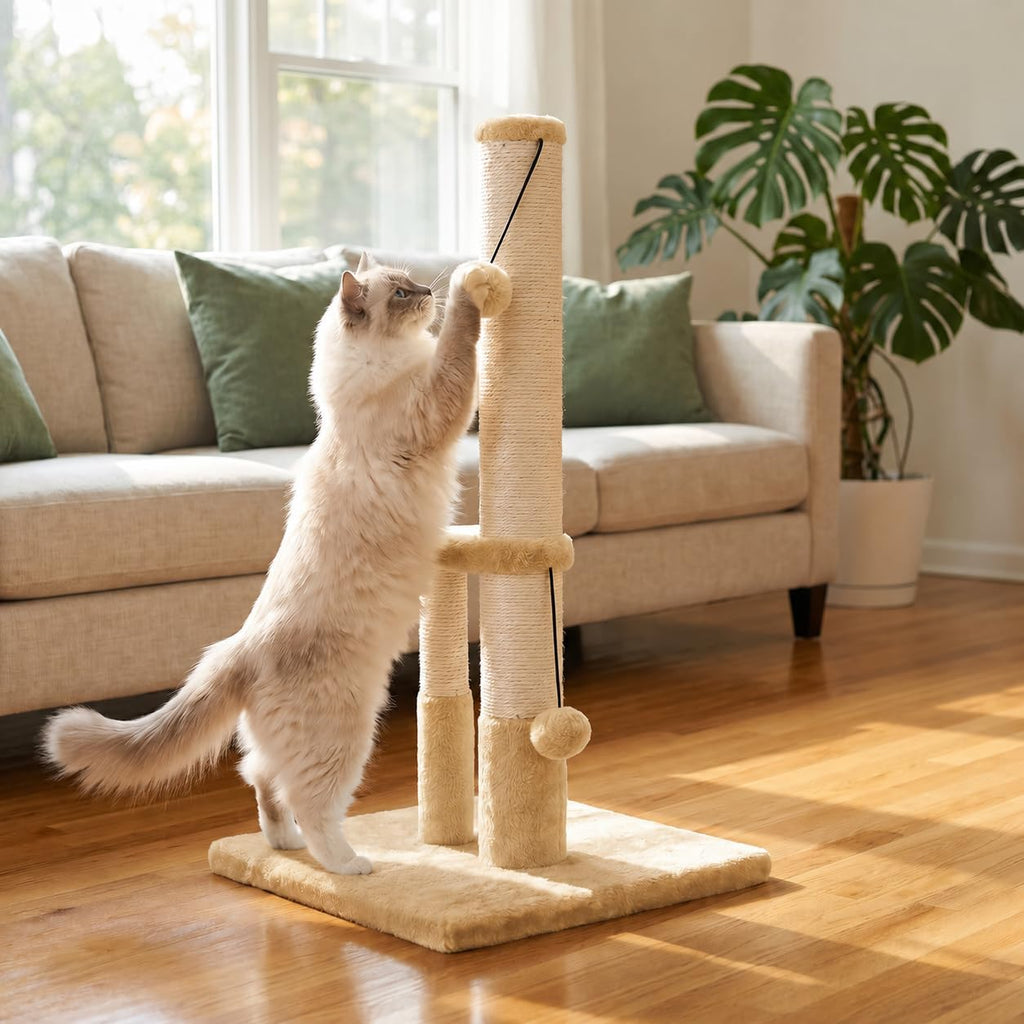 Dimaka Tall Cat Scratching Post, Double Lower Posts Extra Stable Cat Post Tree Scratcher with Sisal Rope and Teasing 4 Balls Total Large Base (Light Brown)