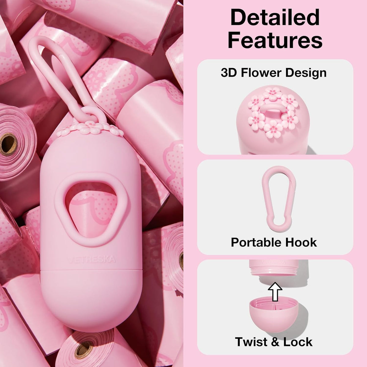 VETRESKA Dog Poop Bags with Handles 450 Count, Floral Scented Waste Bags | Leak-Proof Thick Dog Bags for Poop, Easy-Tie Large Poop Bags, 30 Refill Rolls with 1 Dispenser for Dog Walking Cat Litter