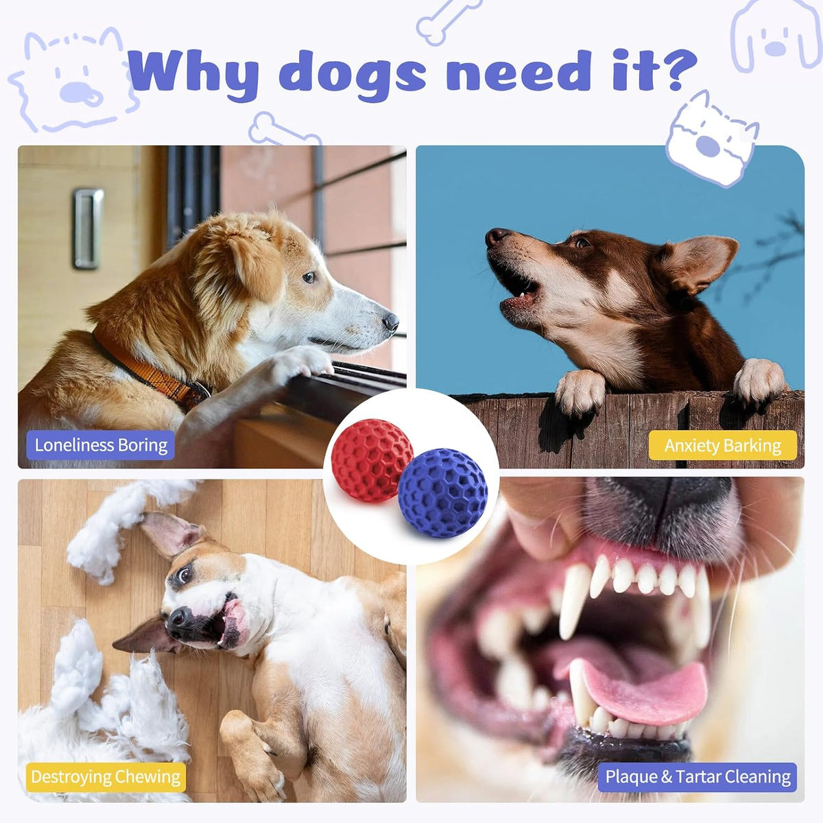 HIPPIH Indestructible Squeaky Dog Toys, Interactive Dog Balls 2 Pack | Chew Toys for Aggressive Chewers, Natural Rubber, Large/Medium Dogs, Tough Puppy Teething Toy, Relieve Anxiety