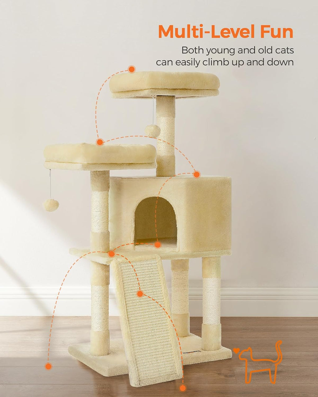 Feandrea Cat Tree, 45.3-Inch Cute Cat Tower, Plush Climbing Condo, Beige