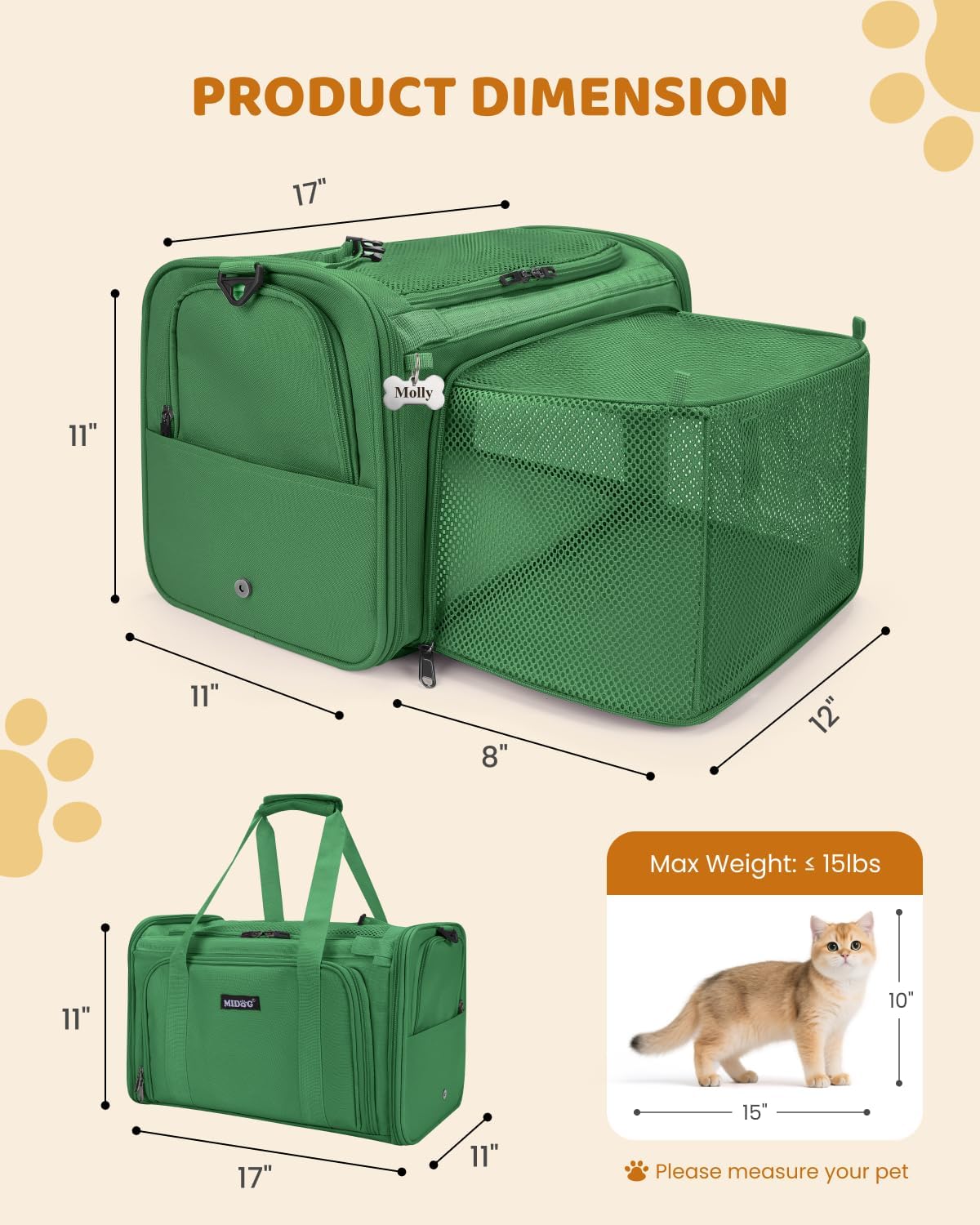 MIDOG Soft Cat Carrier Airline Approved, Expandable for Cats Up to 15lbs