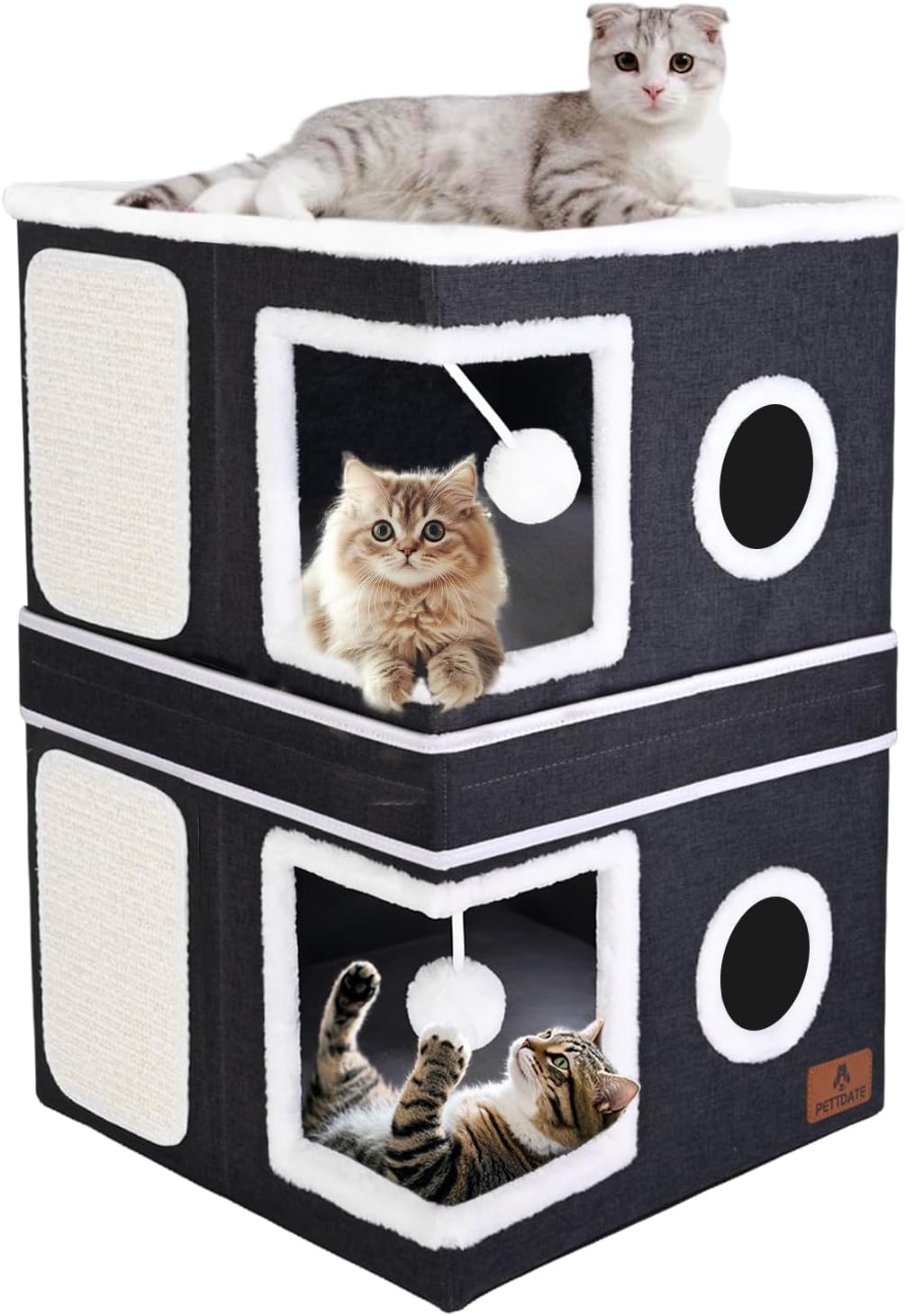 2-Story Cat House for Indoor Cats, Dual-Purpose Cat Cave Bed with Scratch Pad and Fluffy Ball, Foldable Cat Hideaway, Cute Cat Condo Furniture for Multi Small Pet Kitten, Dark Grey