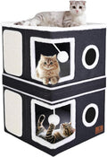 2-Story Cat House for Indoor Cats, Dual-Purpose Cat Cave Bed with Scratch Pad and Fluffy Ball, Foldable Cat Hideaway, Cute Cat Condo Furniture for Multi Small Pet Kitten, Dark Grey