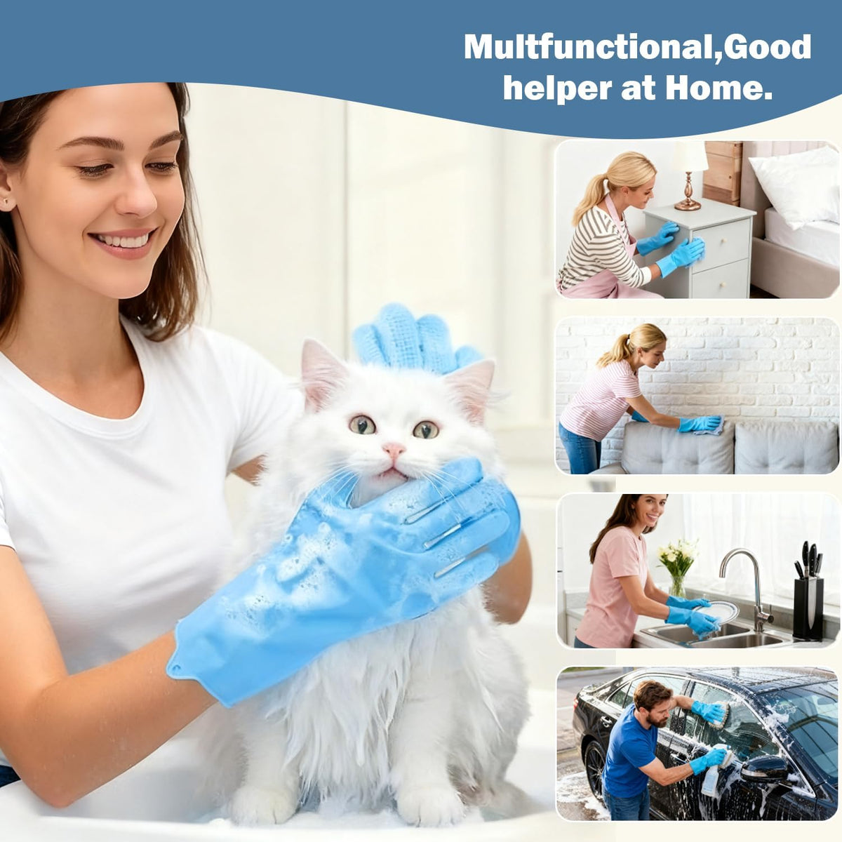 Pet Grooming Gloves, Silicone Bath Massage Gloves, Wet Dry (Blue)