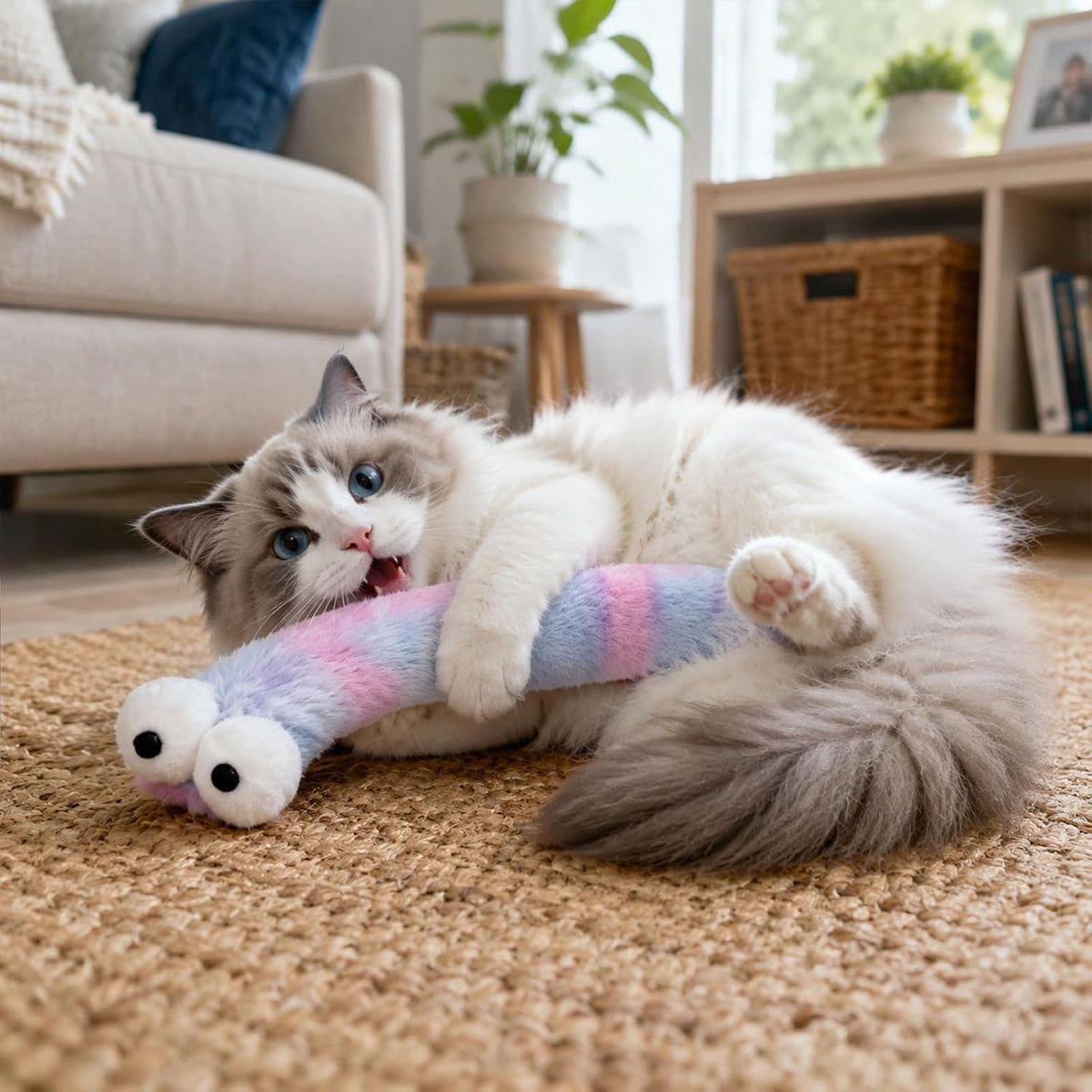 Andiker Catnip Toys for Cats, Cute Caterpillar Design Cat Pillar with Pompom Ball Cat Kicker Toy Containing Catnip Silvervine Galls Fruit Interactive Cat Toys for Indoor Cats (Light Purple)