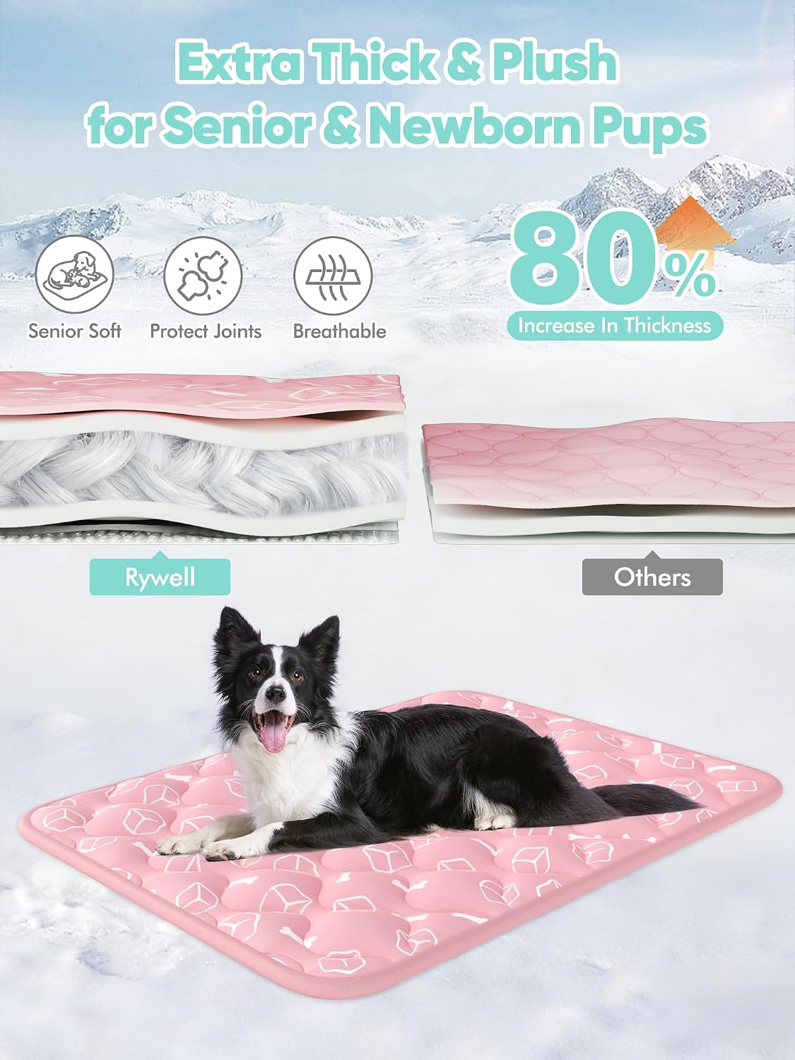 Rywell Dog Cooling Mat 2.0,Soft Blush Pink, 44" x 32" Thick & Durable Cooling Mat for Extra Large Dogs, Long-Lasting Cool with Waterproof & Color-Changing Arc-Chill Tech (Q-Max>0.5) Washable&Non-Toxic