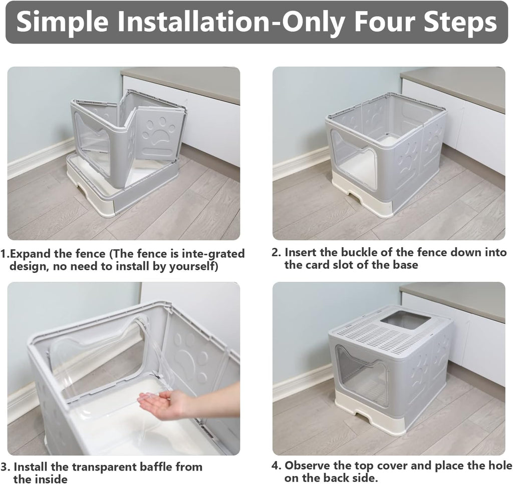 Foldable Cat Litter Box with Lid, Enclosed Potty, Large Top Entry Anti-Splashing Toilet, Easy to Clean Including Litter Scoop and 2-in-1 Cleaning Brush (Grey)