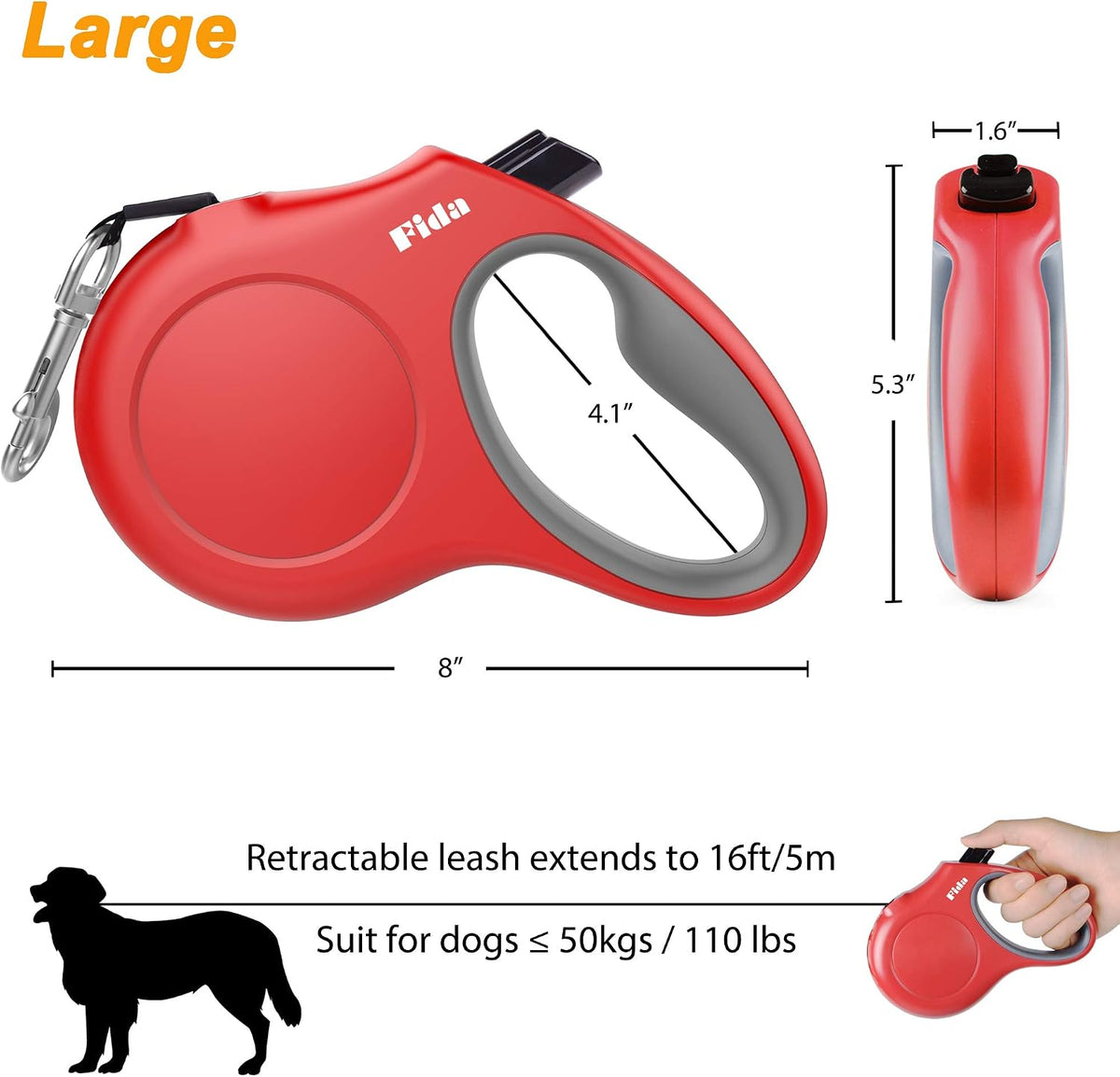 Fida Retractable Dog Leash with Dispenser and Poop Bags, 16 ft, Red