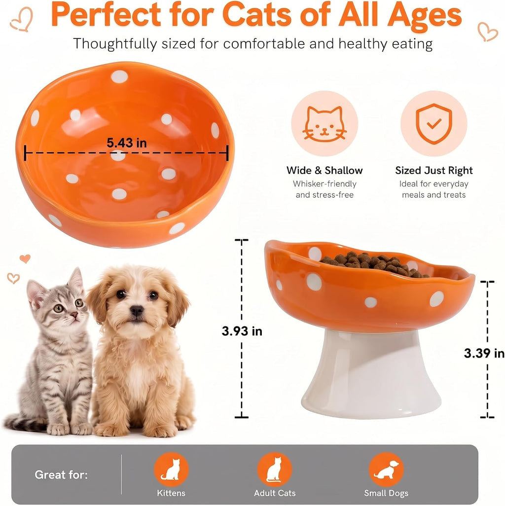 Orange Mushroom Cat Bowl, Elevated Ceramic Bowl for Cats | Elevated, Ceramic, Whisker Friendly, Anti Vomitin,Cute Mushroom Design
