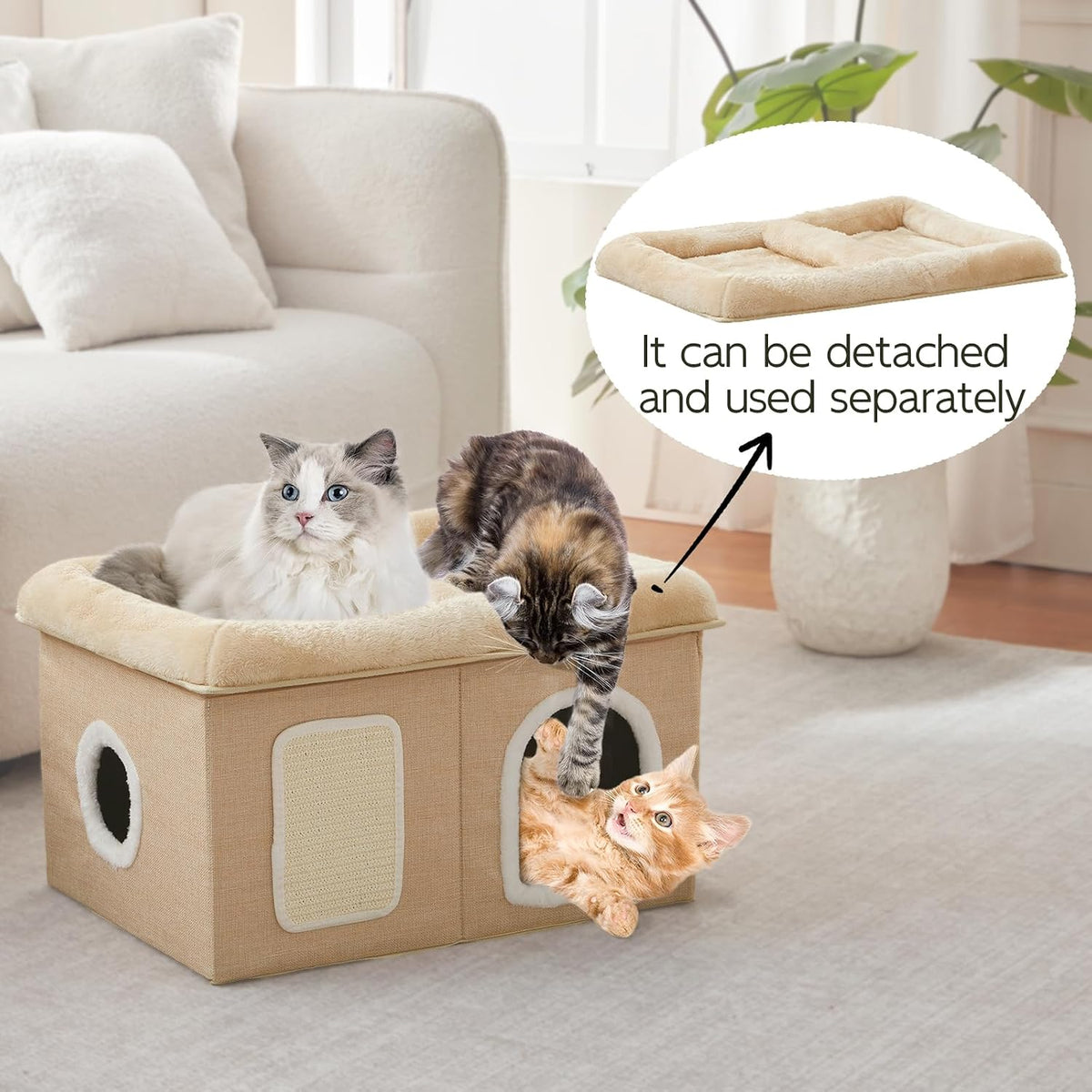 WINDRACING Cat Beds for Indoor Cats - Extra Wide Cat House for Pet and Foldable Cat Cave Bed with Scratch Pad, Cat Hideaway Condo for Kitten, 24.4x16.9x14.2 inches, Beige