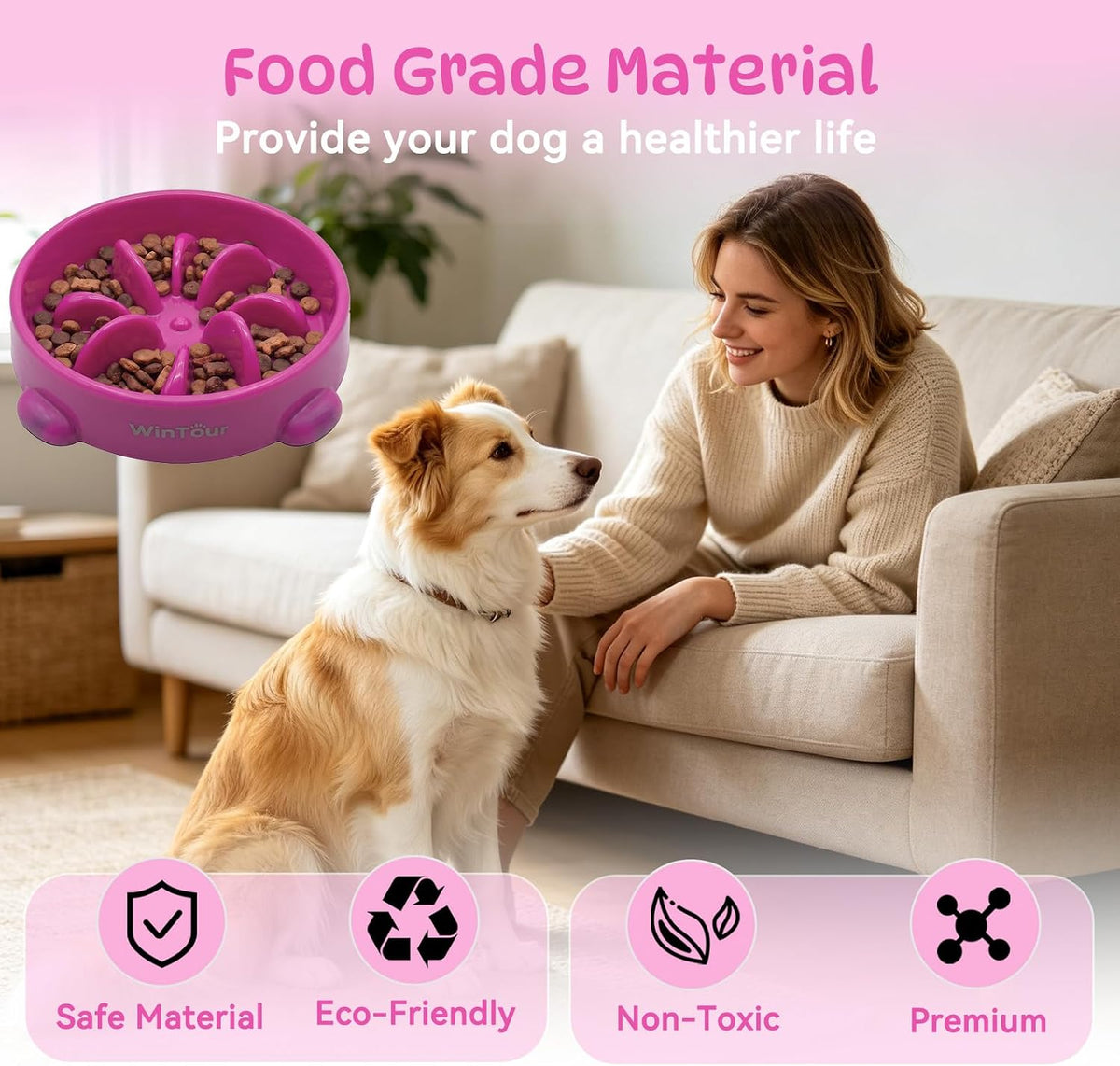 WinTour Slow Feeder Dog Bowls for Small Medium Pets, Round PP Dish, 1 Pack