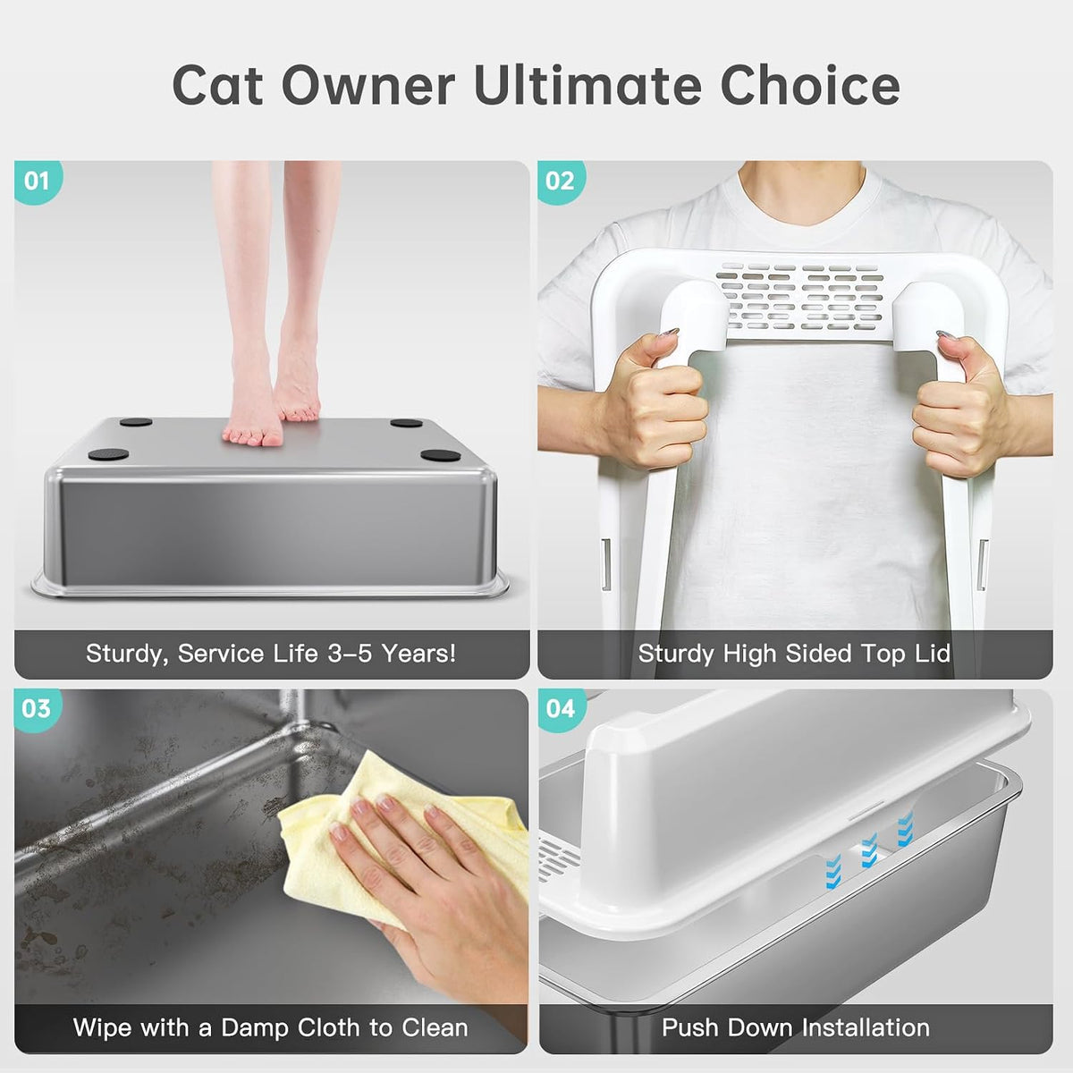 Stainless Steel Cat Litter Box, XL High Sided Open Top Pan with Scoop | XL for Big Cats, Non-Stick Odor-Free, 20L 30-Day Use Easy Clean, High Sides Block Spray & Tracking, Durable 3-5Yrs