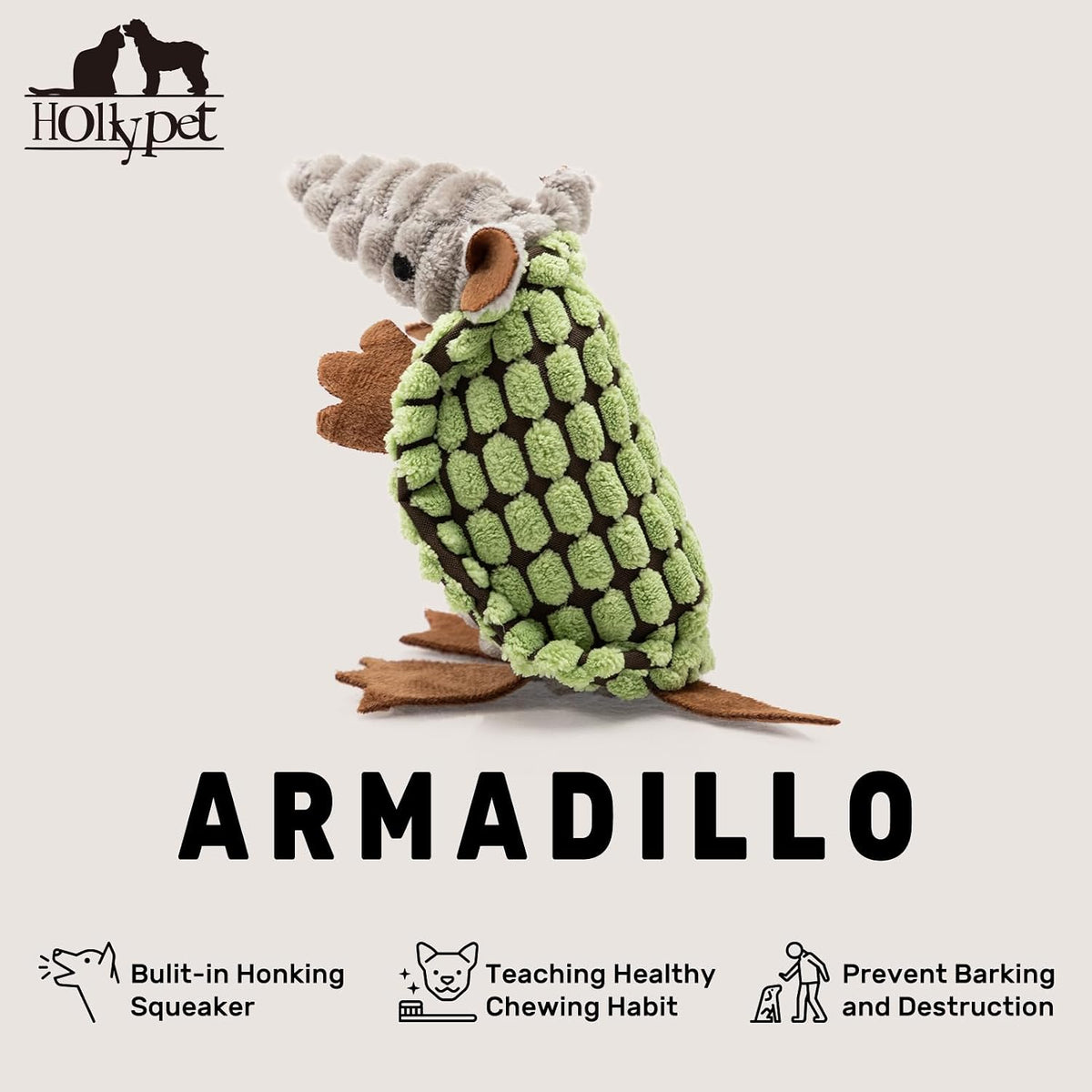 Hollypet Armadillo Squeaky Puppy Dog Toys for Small Medium Dogs, 6" | plush stuffed small dog squeak animal toy with unique grunt squeaker textured fabric for teeth cleaning toys