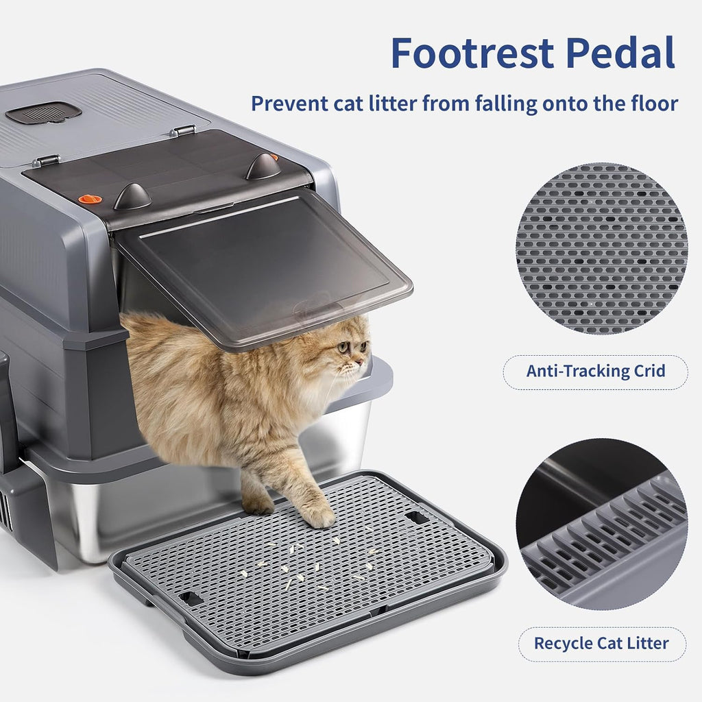 XXXL Stainless Steel Litter Box with Lid 28"x20"x17" Cat Box, Dark Grey | Extra Large Enclosed Litter Box for Big Cats, High Sided Metal Cat Litter Box with Litter Scoop, Cat Step, Odor Control