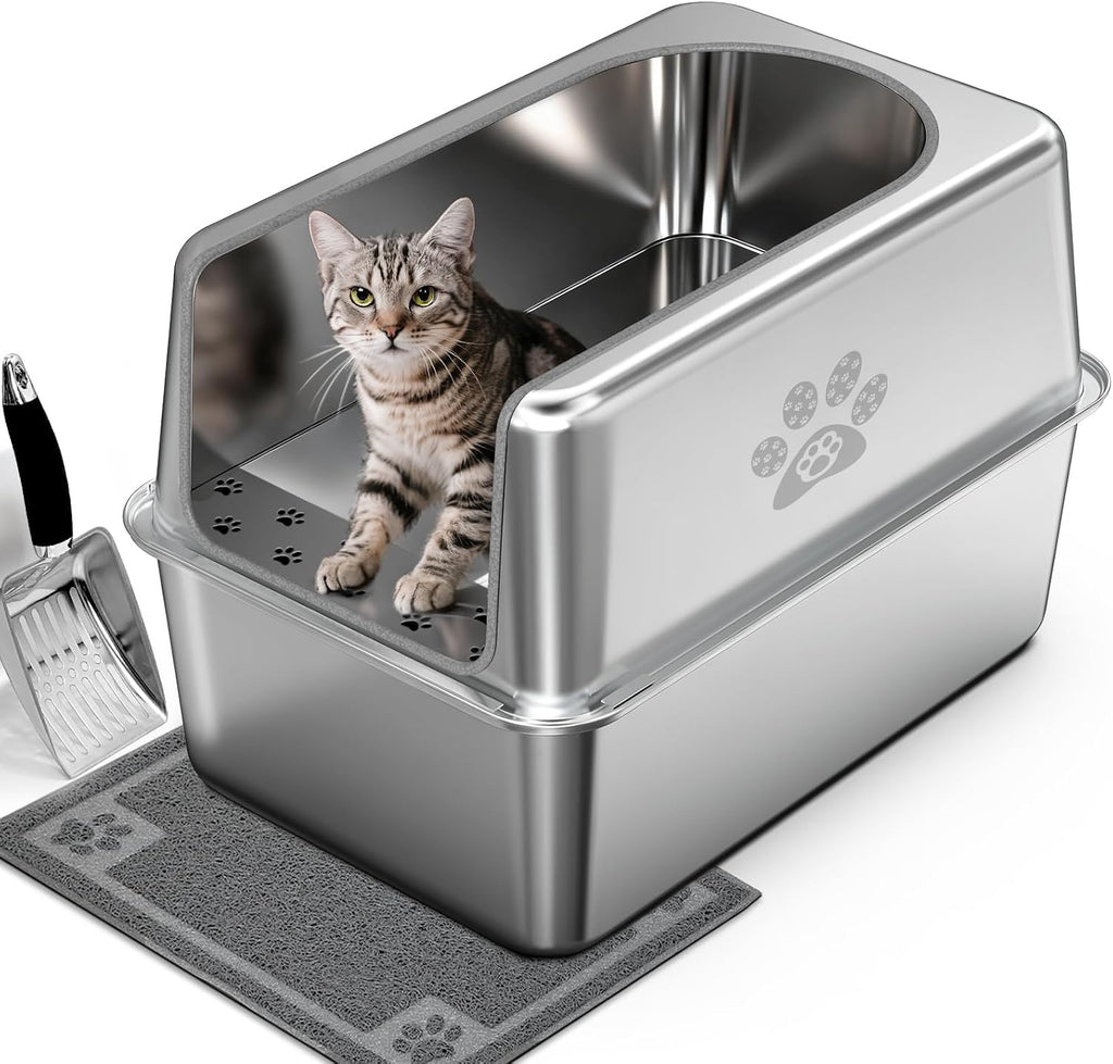 Enclosed Stainless Steel Cat Litter Box with Lid, XL Pan for Big Cats