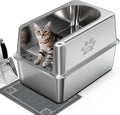 Enclosed Stainless Steel Cat Litter Box with Lid, XL Pan for Big Cats