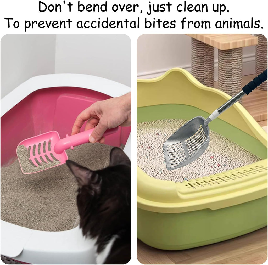 PINVNBY Cat Litter Scooper, Long Handle Litter Sifter Scoop with Litter Scoop Holder Stainless Steel Kitten Scooper Deep Kitty Litter Scooper with Box Metal Detachable Sifting Litter Shovel Set