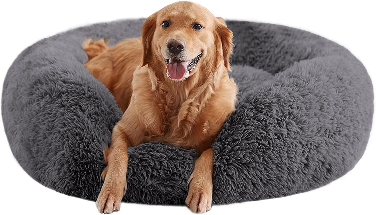 Calming Dog Beds for Large Dogs, Faux Fur Donut Cuddler Dog Bed, Round Fluffy Pillow, Washable Pet Bed for Dogs Up to 80Lbs, 36inch