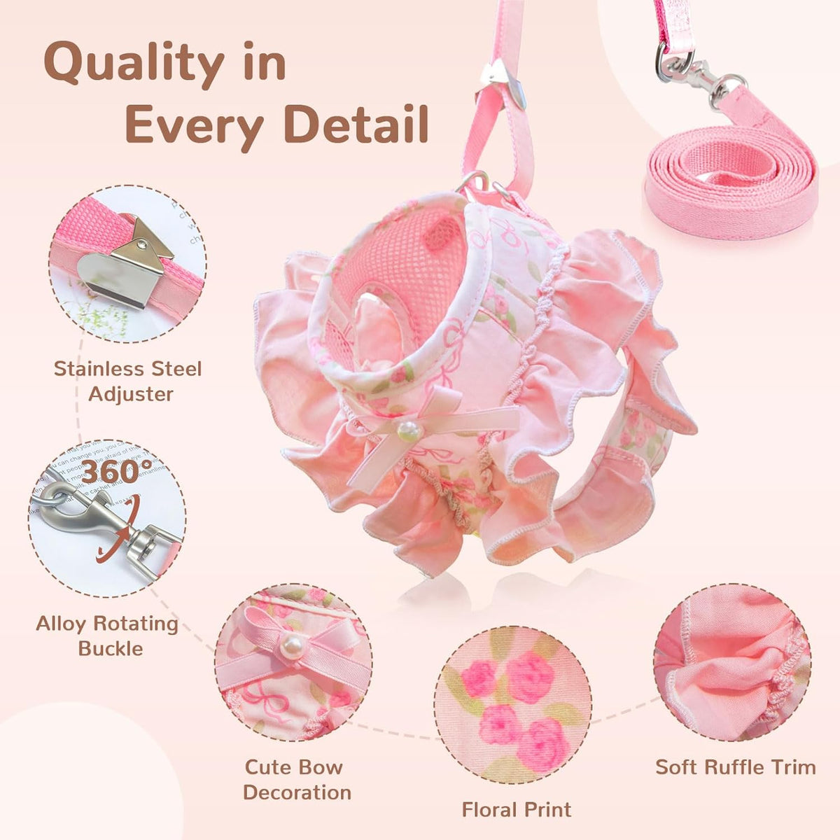 ABRRLO Small Dog Harness and Leash Set,Soft Adjustable Pink Puppy Harness
