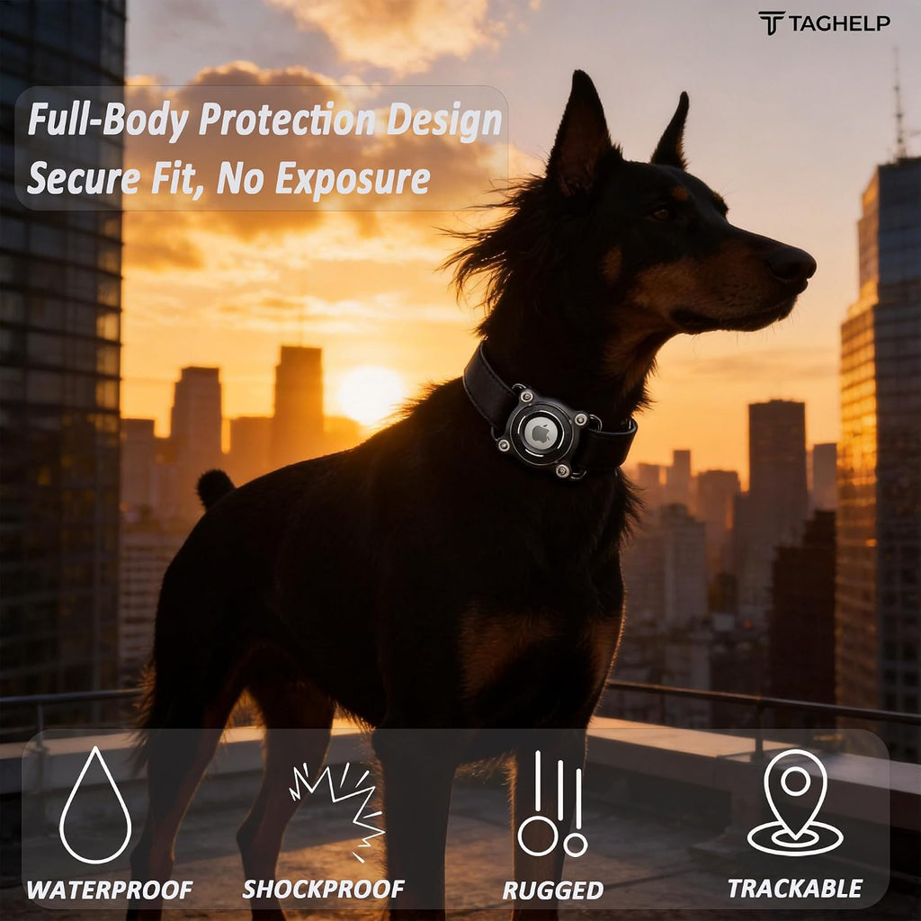 Waterproof AirTag Dog Collar Holder, Secure AirTag Mount for Dog Collar with Removable Metal Loop, Lightweight Protective Case, Fits 3cm Wide Collars, Black (Black – White Accent)