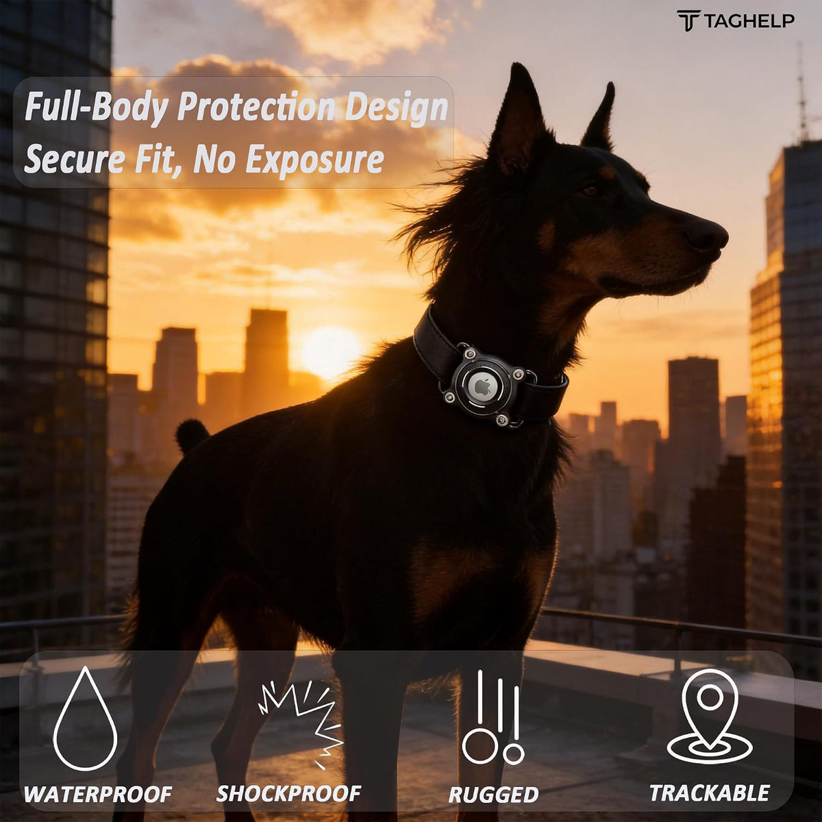 Waterproof AirTag Dog Collar Holder, Secure AirTag Mount for Dog Collar with Removable Metal Loop, Lightweight Protective Case, Fits 3cm Wide Collars, Black (Black – White Accent)