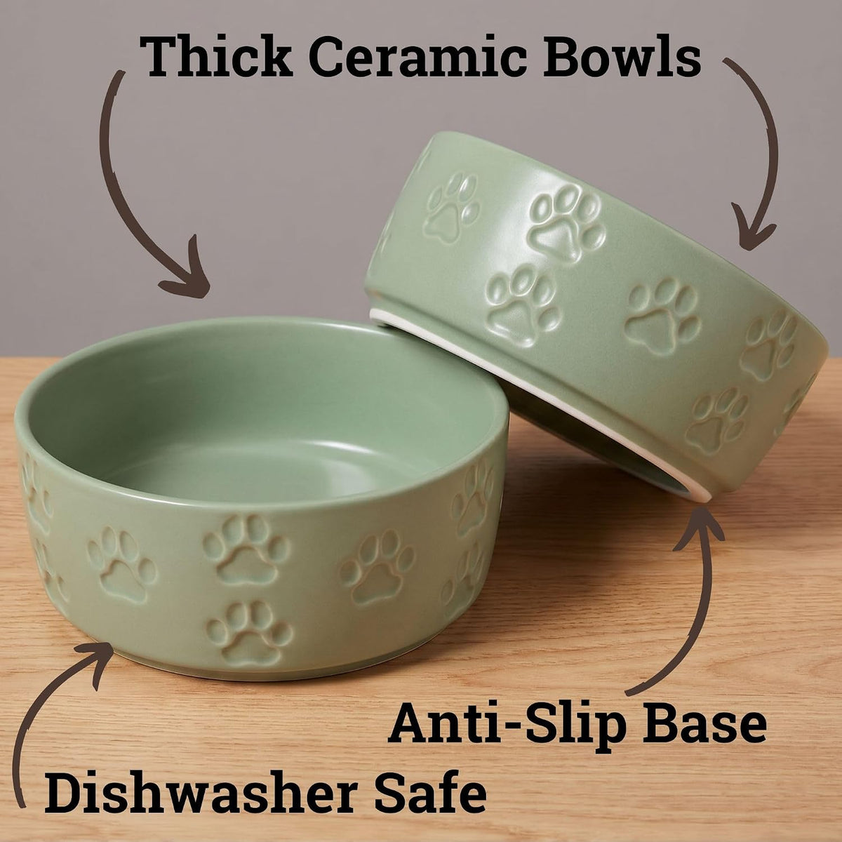 Ceramic Dog Bowl Set of 2 with Anti-Skid Base, 5.5"W x 2"H, 2 Cup Capacity