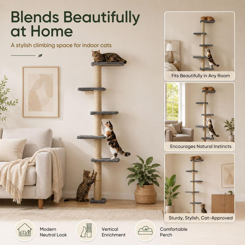 80-Inch Wall-Mounted Cat Tree with Scratching Post & 5 Perches