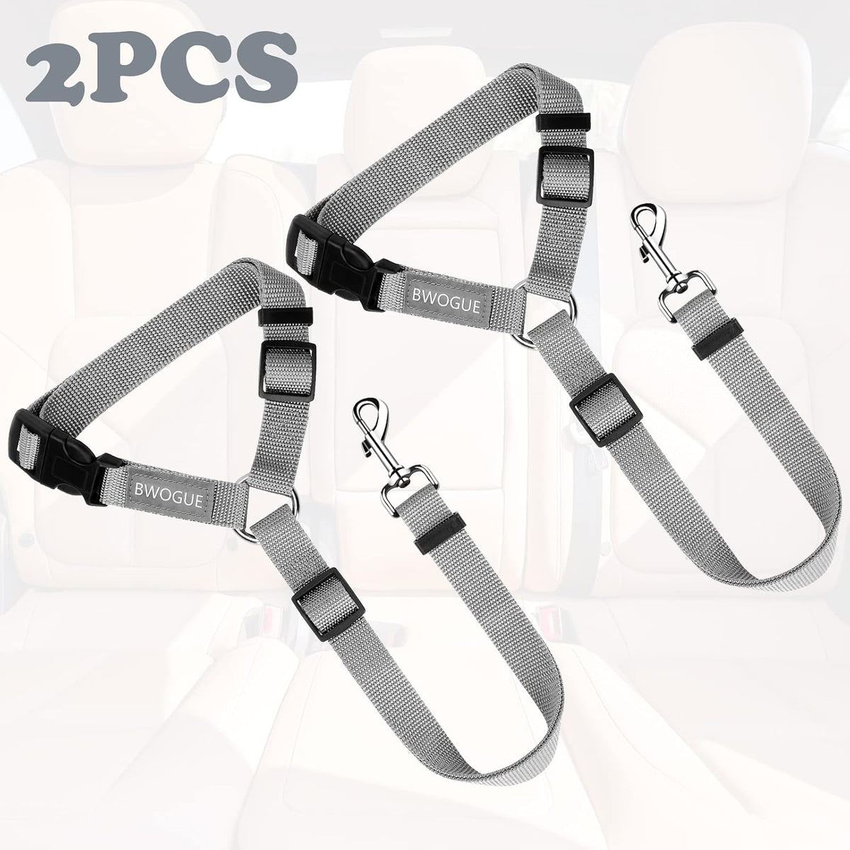 BWOGUE 2 Pack Dog Seat Belt for Car, Headrest Restraint Strap Set, Gray