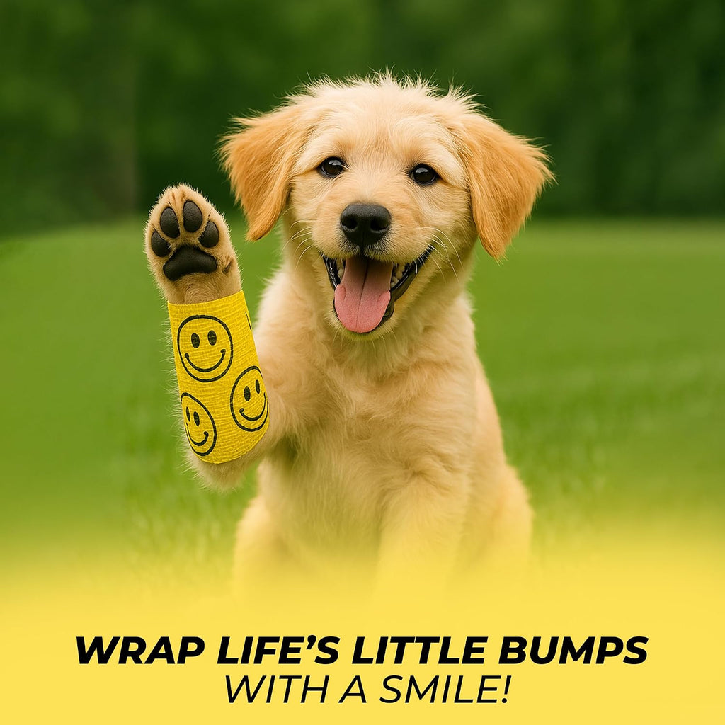 JorVet 4" x 10 Yards Cohesive Bandages | Fun Self-Adhesive Wrap for Animal Wound | Easy Tear, No Scissors Needed | Individually Wrapped Vet Tape, Secure & Flexible | Smiley Face Yellow | Pack of 12