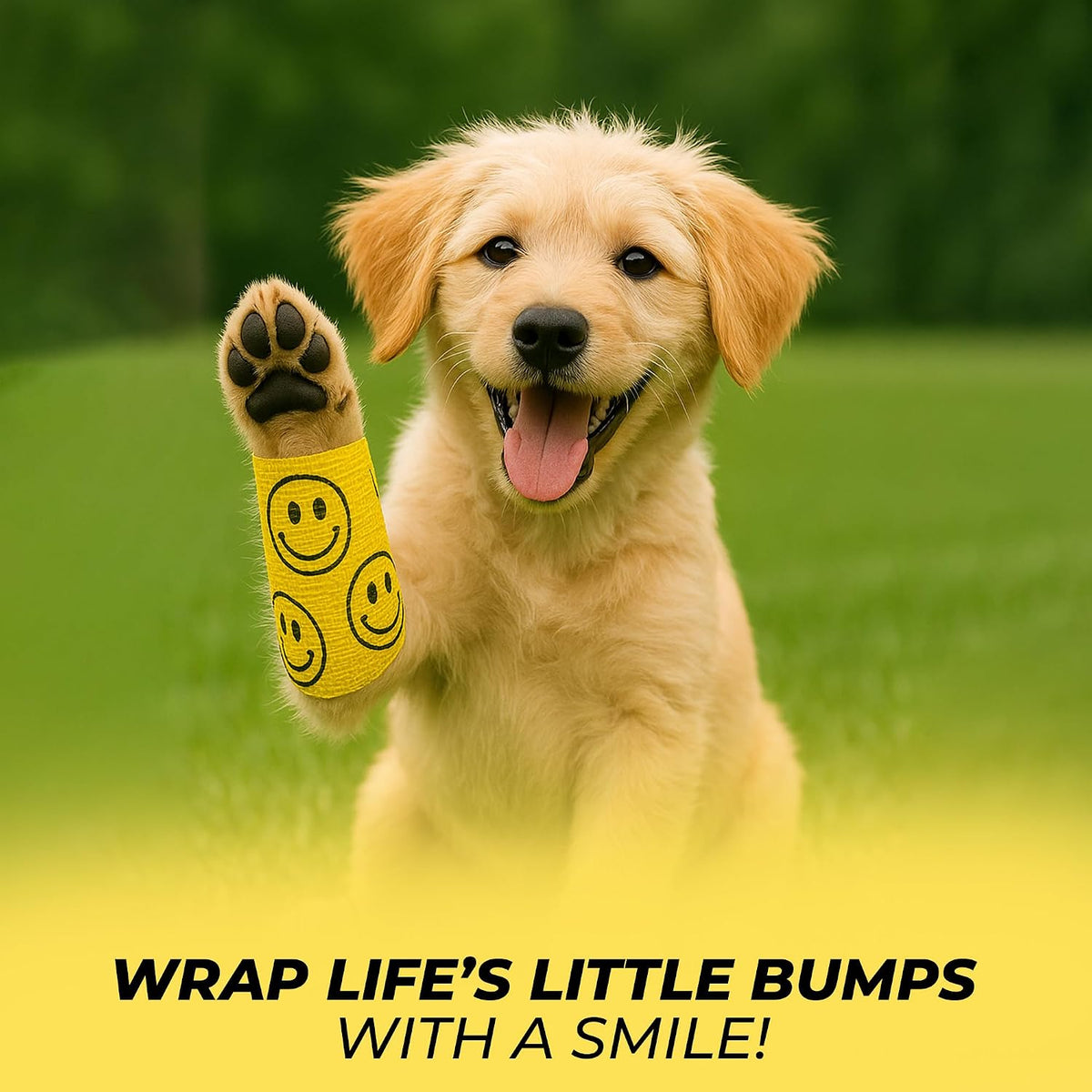 JorVet 4" x 10 Yards Cohesive Bandages | Fun Self-Adhesive Wrap for Animal Wound | Easy Tear, No Scissors Needed | Individually Wrapped Vet Tape, Secure & Flexible | Smiley Face Yellow | Pack of 12
