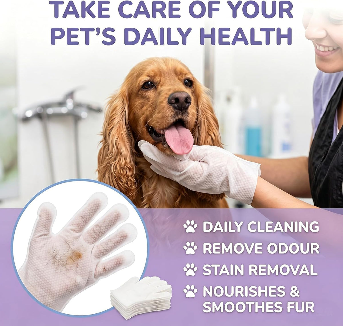 Pet Glove Wipes for Dogs & Cats, 2-in-1 Disposable Dog Cleaning Gloves for Bathing, No-Rinse Grooming Wipes for Paw, Face, Ear & Body, Aloe & Jojoba Oil, 6 Count