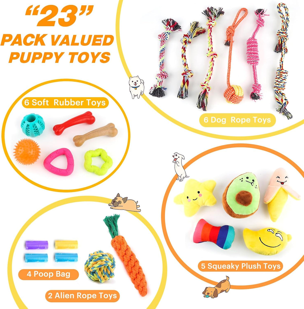 Puppy Chew Toys for small & Medium Dog, Cute Plush Dog Squeaky Toys for Puppies, Dog ChewToys with Rope Toys, Treat Ball for Teething, Interactive Dog Toys with Tough Chewers, Puppy Supplies - 23 Pack