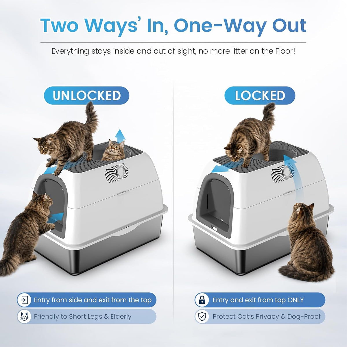 SuzziPaws Stainless Steel Litter Box Top-Entry Dog-Proof for Multi-Cats | XL Dark Grey Hooded Cat Litter Box with Filter & Scoop, Anti-Leakage High Walls Reduce Tracking for Multi-Cat Homes
