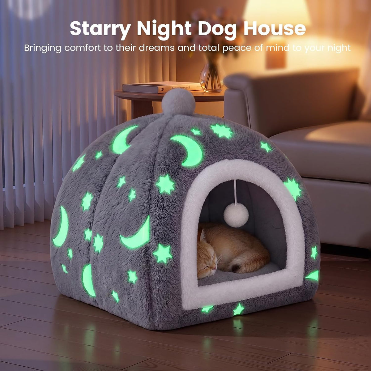 Glow in the Dark Cat Cave Bed, 2-in-1 Foldable Indoor Cat Tent Cat House