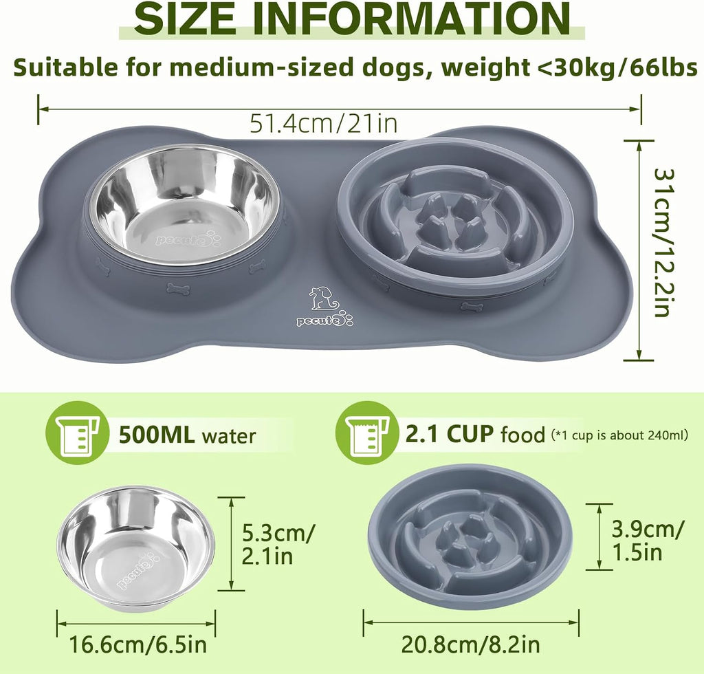 Pecute Slow Feeder Dog Bowls to Slow Down Eating, Dog Slow Feeder Bowl | No-Spill Non-Skid Silicone Mat, Food-Grade Safe Dog Food Bowls Slow Feeder, Stainless Steel Dog Water Bowl for Dogs Cats（L) 
