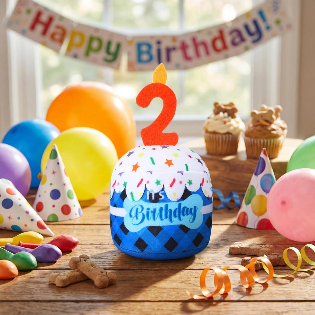 Dansydaisy Dog Birthday Cake Toy Squeaky Plush Gift,2nd,Blue Grid | Interactive Squeaky Gift for Dogs, Dog Birthday Decor , Soft Chew for Small Medium Large Pets, Cake Design with Candle