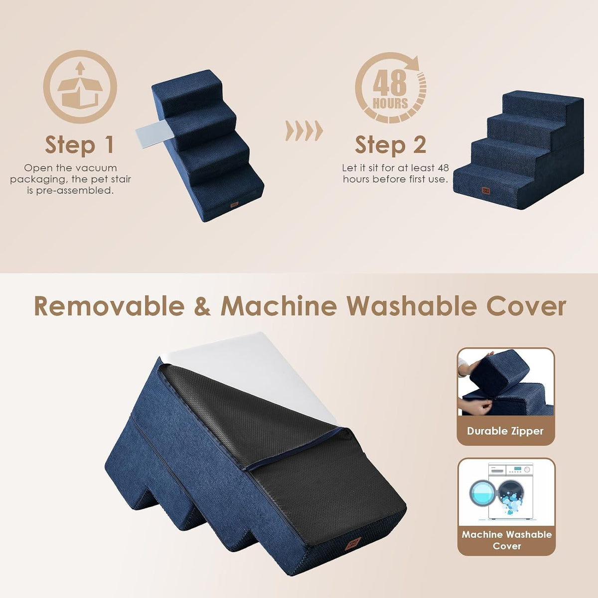 EHEYCIGA Dog Stairs for Bed 20" H, 4-Step Extra Wide Dog Steps, Navy