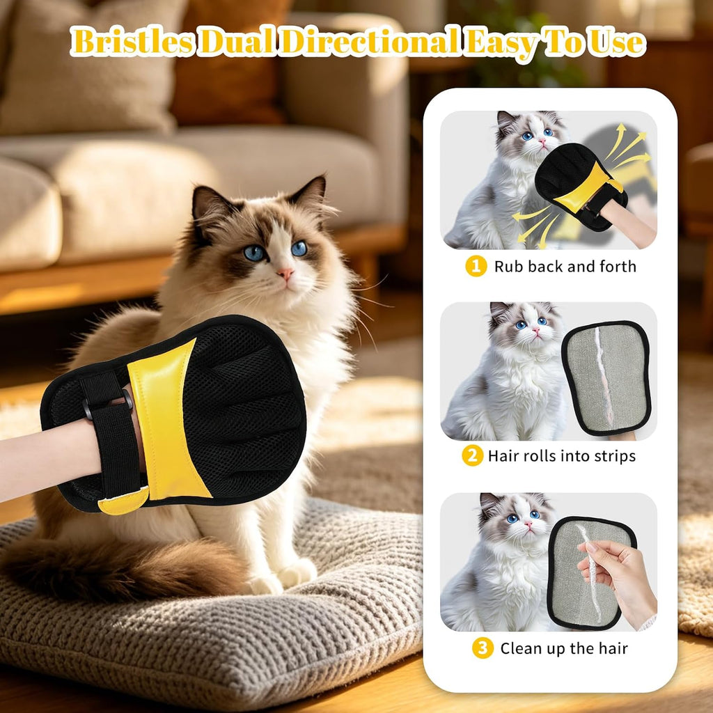 Pet Hair Removal Gloves, Yellow and Blue Colors, Static Hair Removal, Adjustable Strap, Reusable for Clothing, Sofa, Car Seat, Set of 2
