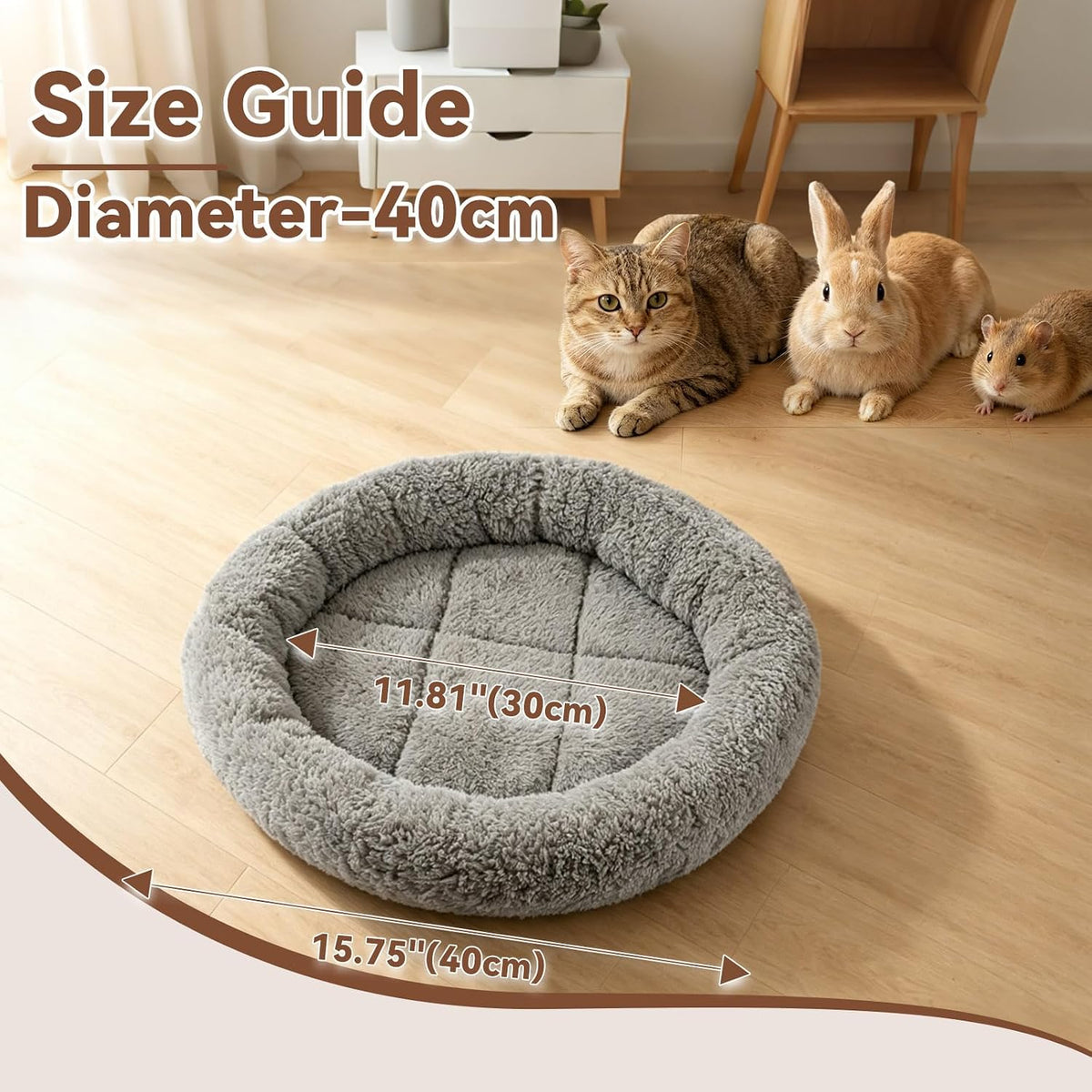 LESYPET Cat Bed for Indoor Cats, Small Pet Bed Curl Sleep Cushion with Raised Pillow Around, Non-Slip Bottom Washable Pet Beds Mat for Small Pets Rabbit Hamsters, Round Diameter 15.7"