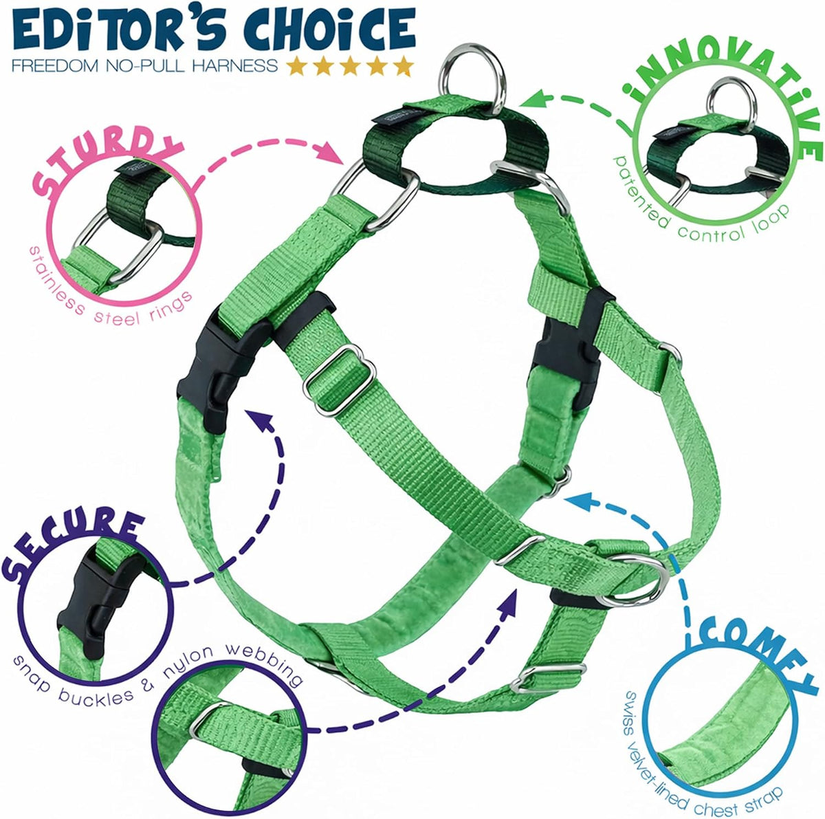 2 Hounds Design Freedom No Pull Dog Harness and Leash, 1" XXL, Neon Green