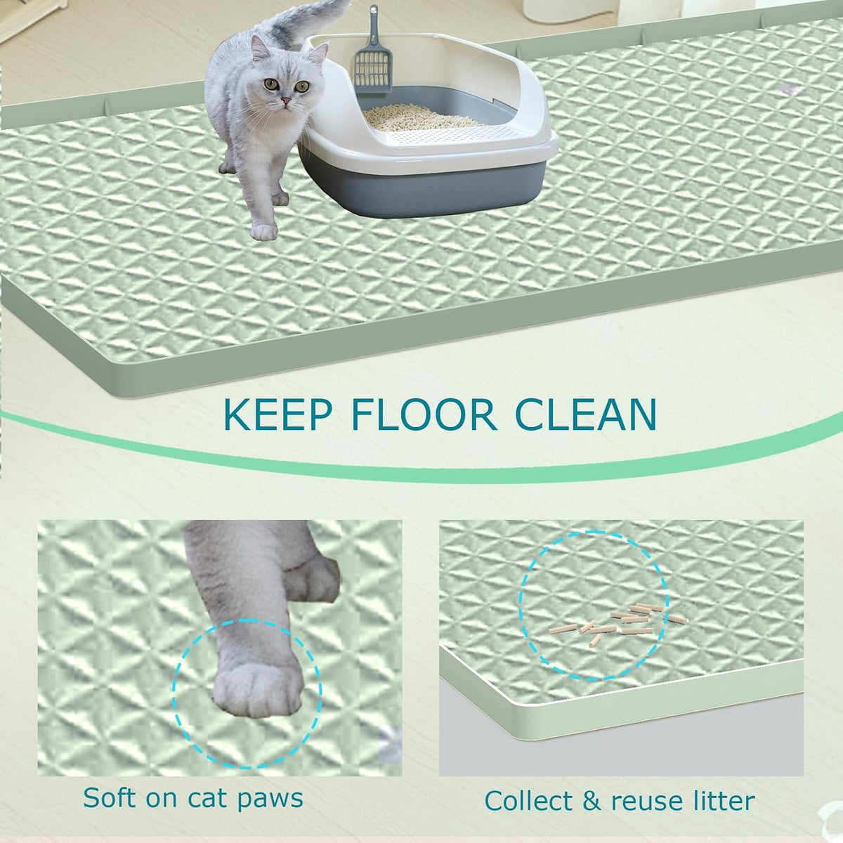 Cat Litter Mat for Litter Box, Silicone Large Cat Litter Trapping Mat - 51.2x25.6 in, Waterproof & Non-Slip, Durable & Easy Clean, Green