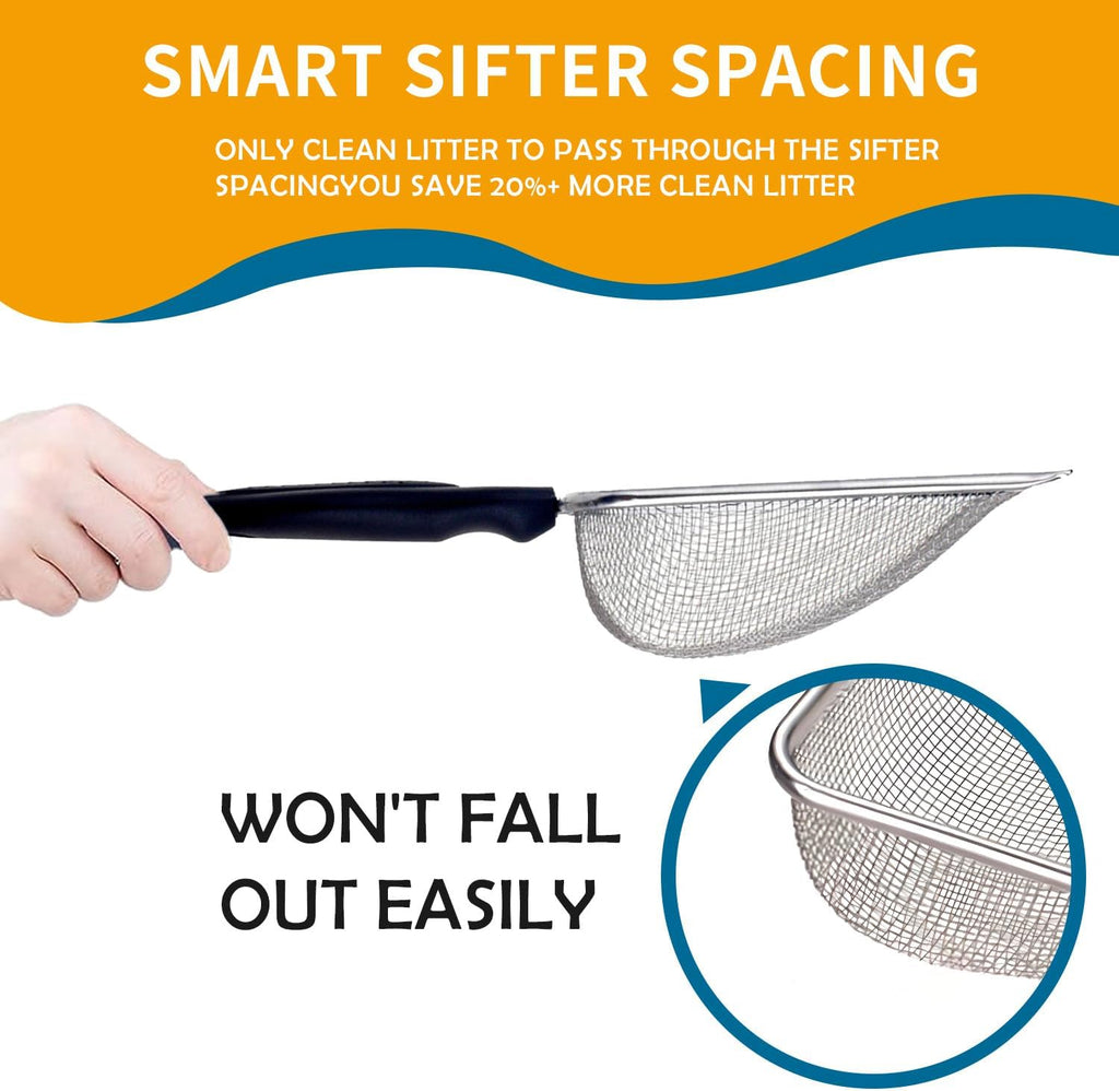 Cat Litter Scooper with Holder,Sturdy Litter Cleaner Corner Shovel,Stainless Steel Mesh Litter Scoop,Easy to Clean,Non-Slip Handle,Suitable for All cat Litter